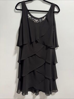 SLNY Black Tiered Mini Dress with Jeweled Neckline